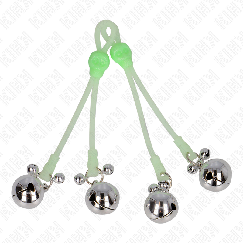 KINK - LEUCHTENDE TOTENKOPF-NIPPELKLAMMERN MIT RINGGLÖCKCHEN VERSTELLBAR GRÜN/SILBER – Bild 4