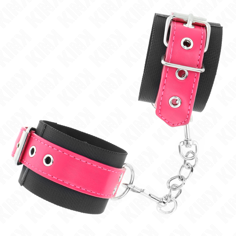 KINK - NYLON HANDGELENKFESSELN SCHWARZ MIT KUNSTLEDERGÜRTEL HIMBEERROSA VERSTELLBAR 19-29 CM X 5,1 CM – Bild 3