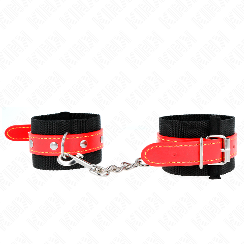 KINK - NYLON HANDGELENKFESSELN SCHWARZ MIT KUNSTLEDER ROT VERSTELLBAR 19-24 CM X 5,5 CM – Bild 3