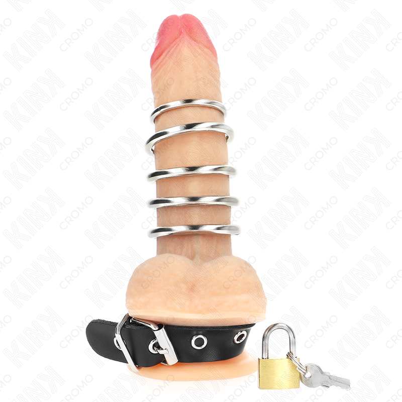 KINK - PENISRING AUS LEDER MIT VERSCHLUSSBAND 21 X 2 CM UND 5 METALLRINGEN VON 3 CM BIS 4 CM – Bild 3