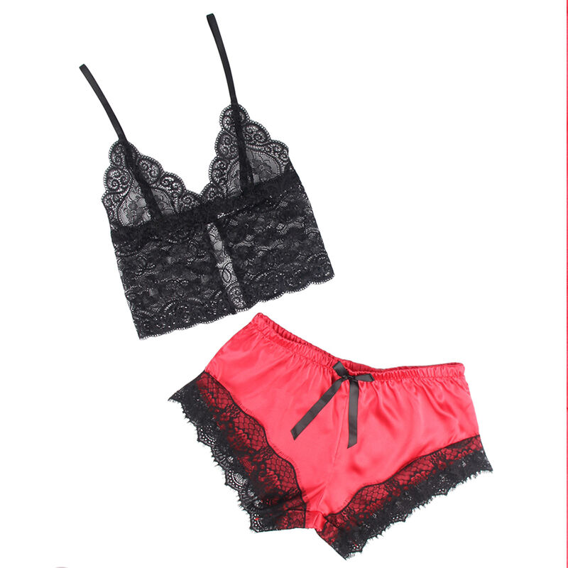 SUBBLIME - 953966 LÄSSIGE SEIDE NACHTHEMD + SPITZENHOSE SCHWARZ/ROT L/XL – Bild 3