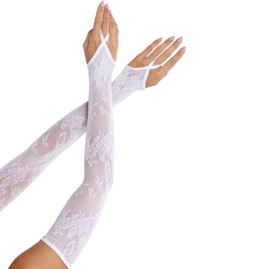 LEG AVENUE - EXTRA LANGE ARMWÄRMERHANDSCHUHE MIT BLUMENSPITZE, WEISS
