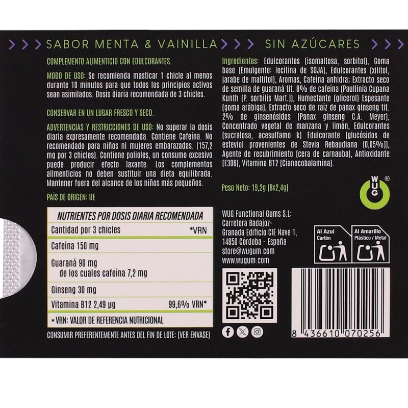 WUG ON – Funktionelles Kaugummi mit Koffein und Guarana, Minze-Vanille-Geschmack, Blisterpackung mit 8 Stück – Bild 4