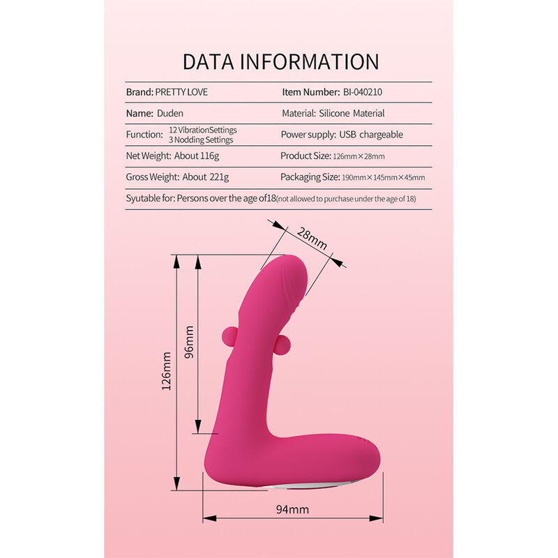 PRETTY LOVE – DUDEN WIEDERAUFLADBARER SILIKON-VIBRATOR MIT 12 VIBRATIONSMODI UND 3 SCHAUKELMODI, PINK – Bild 14