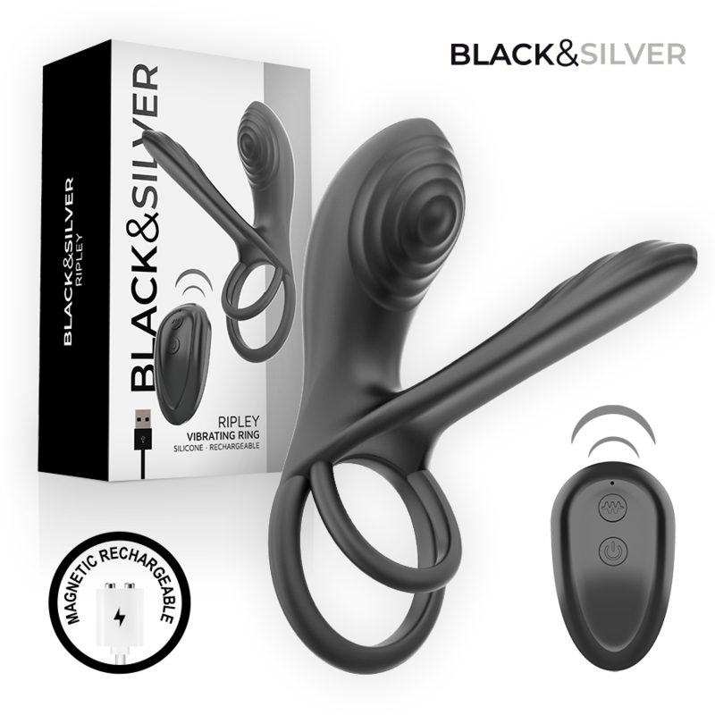 BLACK & SILVER - WIEDERAUFLADBARER VIBRATIONSRING VON RIPLEY MIT FERNBEDIENUNG SCHWARZ